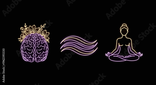 A meditating woman sits calmly with a brain and flowers on a black background with wavy lines.
