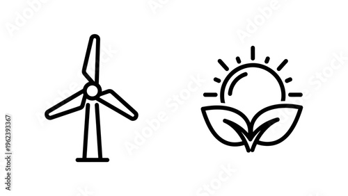 Wind turbine and sun with leaves icons representing renewable energy