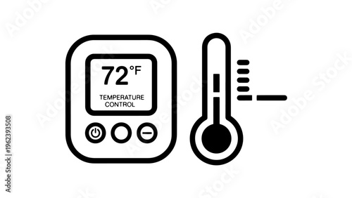 Digital thermostat and thermometer icons, temperature control symbols