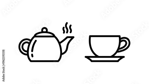 Tea pot and cup icons, hot beverage symbols, black and white line art