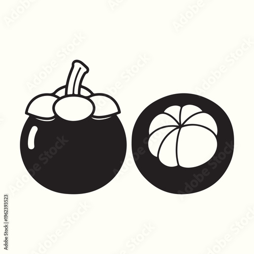 A  illustration depicts a whole and a halved mangosteen fruit high-quality professional