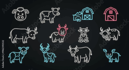Neon cow and bull illustrations with barns on black background