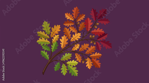 Autumn leaves branch on purple background, vibrant colors, natures beauty.