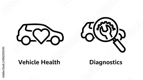 Car health and diagnostics icons: heart and magnifying glass
