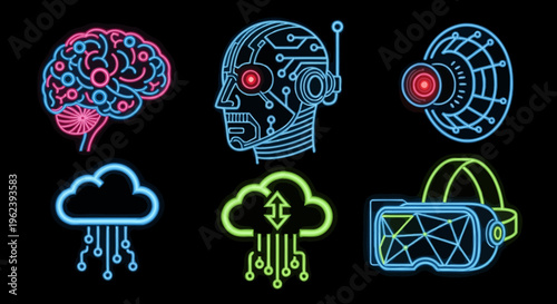 Neon signs of brain, robot head, satellite dish, cloud with rain, cloud with arrows, and VR headset.