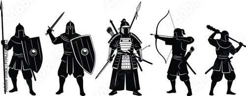 Black silhouette set of medieval warriors including knight with sword shield spearman archer with bow and samurai with katana on white