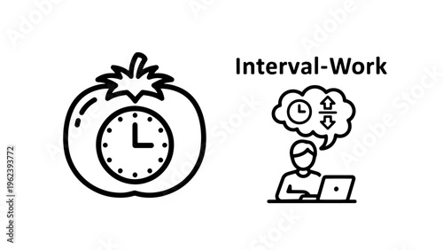 Pomodoro technique timer icon and interval work concept, line art