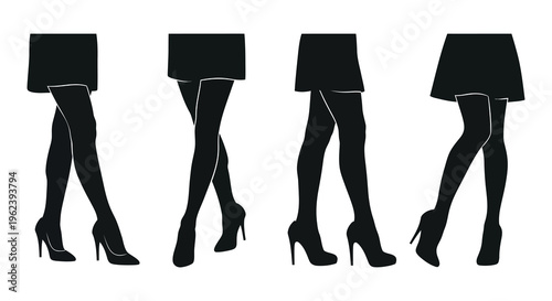 Four black silhouette of women's legs wearing high heeled shoes and stockings in different poses