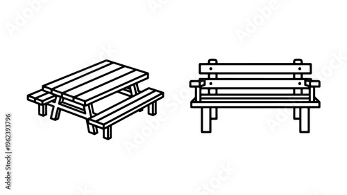 Picnic table and park bench icons, outdoor furniture line art