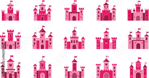 Pink Princess Castle Icon Set with Various Fairy Tale Fortress Designs Featuring Hearts Flags and Towers for Fantasy Apps and Birthday Themes