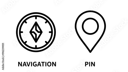 Compass and map pin icons for navigation and direction with two minimalist