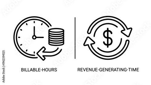 Billable hours and revenue generating time icons with two minimalist line art