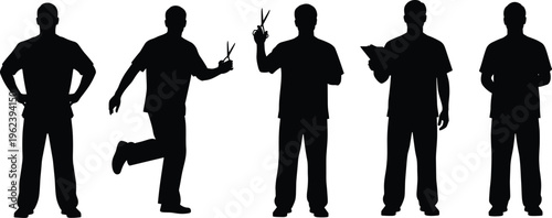 Black silhouettes of medical professional male nurses or doctors in scrubs holding scissors and clipboard isolated on white background for design