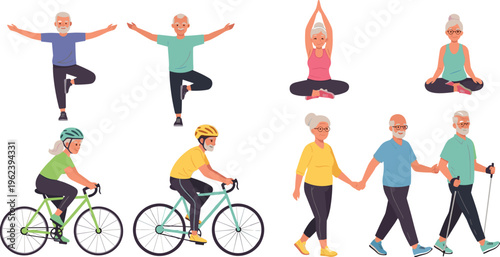 Active Elderly People Set with Senior Couples Practicing Yoga Riding Bicycles Nordic Walking and Meditating for Healthy Aging and Wellness Lifestyle