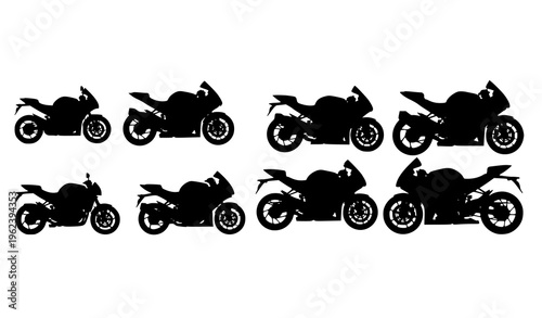 Sport motorcycle silhouette vector set with fast racing motorbike side view icons and modern biker symbols