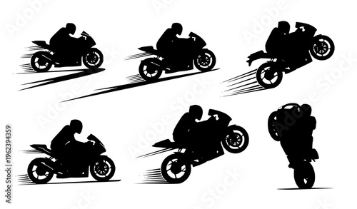 Dynamic motorcycle silhouette action set with fast biker stunts racing motion poses and speed symbols