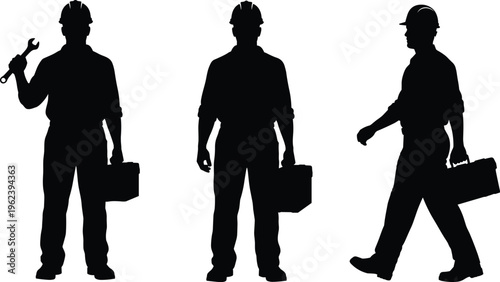 Construction Worker Silhouette Set Carrying Toolbox and Wrench, Professional Contractor Repairman Icons for Industrial Maintenance, Engineering and Building Service Design