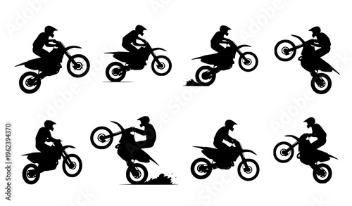 Motocross rider silhouette vector set with dirt bike jump poses and extreme off road racing action