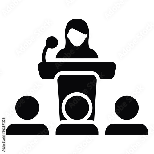 Businesswoman speaking at podium, conference speaker icon, public speaking, presentation, woman at lectern