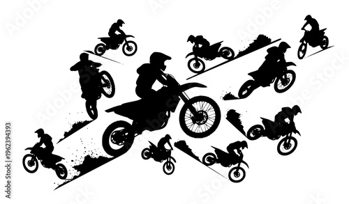Dynamic motocross silhouette composition with dirt bike racing motion angles and extreme sports energy