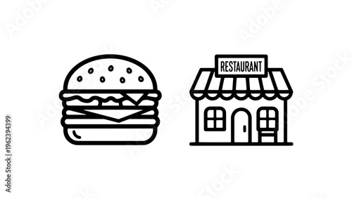 Delicious hamburger and restaurant building icon for food service industry