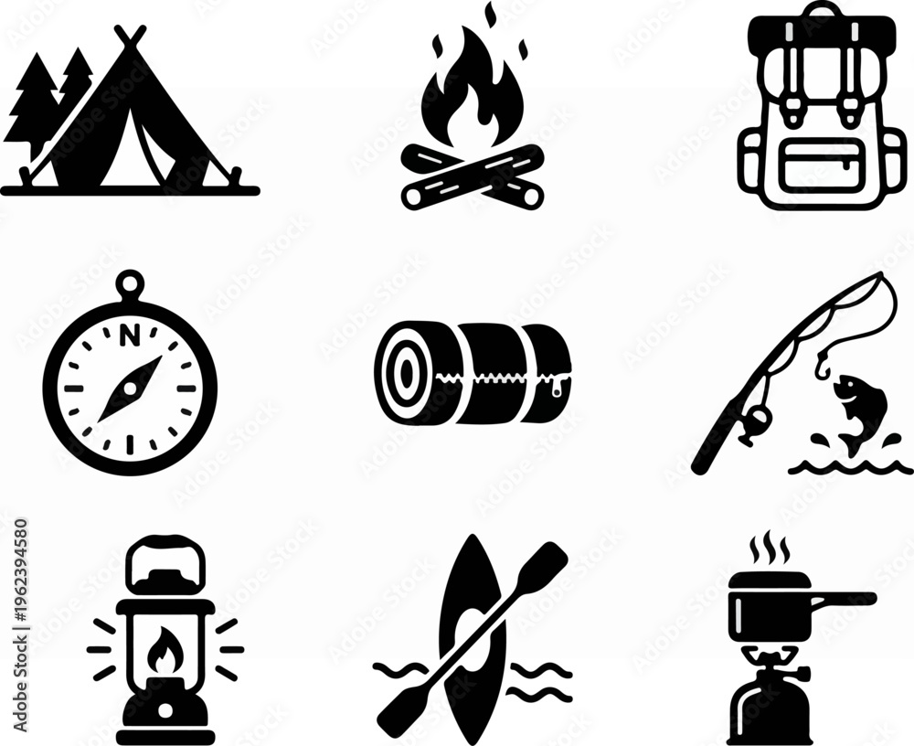 Fototapeta premium Camping and outdoor adventure icons for travel and exploration.