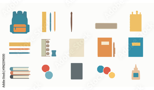 School supplies vector set with backpack pencils brushes books calculator and classroom essentials flat icons