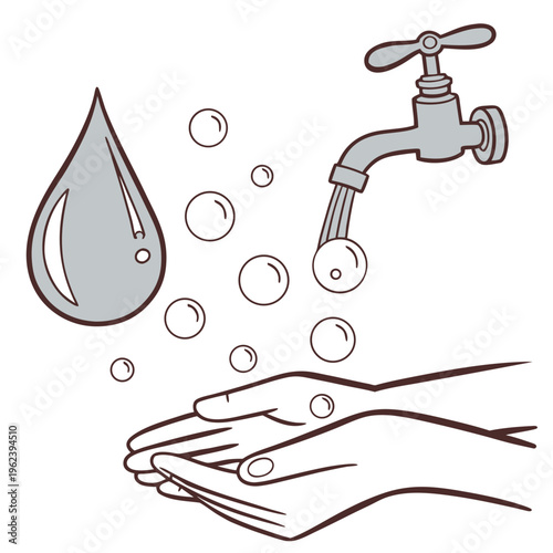 An illustration of a hand under a faucet with water droplets and soap bubbles, washing hands with clean water and hygiene concept