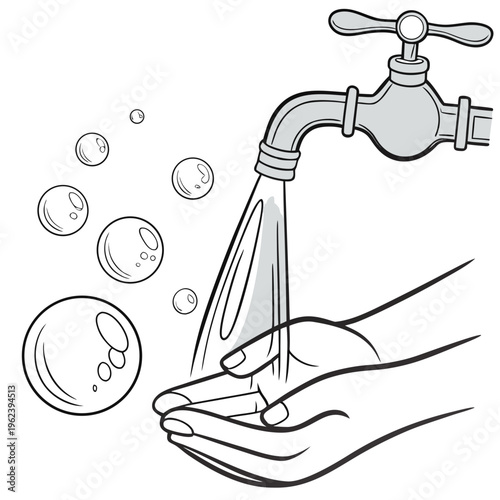 A hand under a running faucet with soap bubbles floating in the air