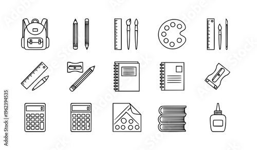 School supplies linear icon set with backpack pencils calculator books and education outline symbols