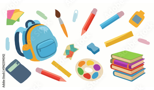Cute cartoon school supplies set with colorful backpack pencils books and fun classroom elements