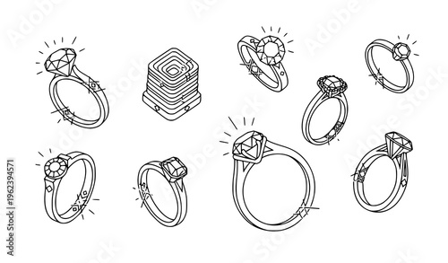 Modern scattered ring icon set with engagement wedding and decorative gemstone outline symbols