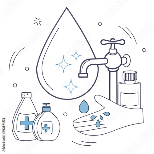Vector illustration of handwashing with soap and water, emphasizing hygiene practices