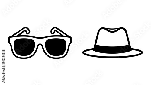Classic sunglasses and fedora hat fashion accessories outline icons