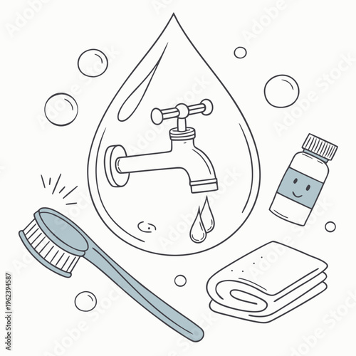 An illustration of a toothbrush, toothpaste, towel and faucet in a water drop