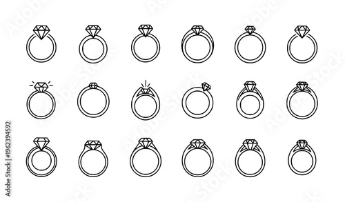 Ring icon outline vector set with solitaire diamond wedding and gemstone editable stroke symbols