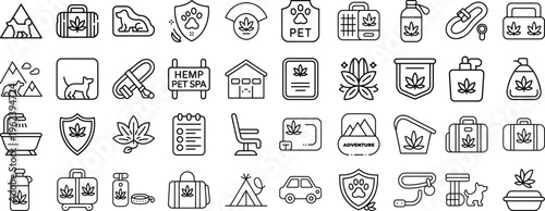 Hemp pet spa and CBD wellness icons, 40 line vector elements for dog grooming and cannabis therapy, natural animal care symbols