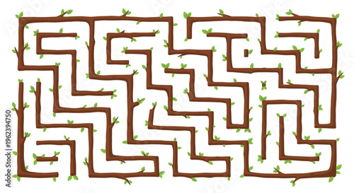 A complex maze with brown paths and green leaves on a white background
