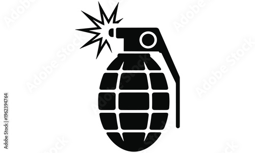 Black vector graphic illustration of a hand grenade exploding with a fuse and pin, symbolizing danger and violence in a simple design