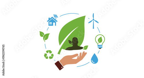 Sustainable Green Energy, Environmental Protection & Eco-Friendly Living Concept. Hand Supporting Nature, Renewable Resources & Human Responsibility.