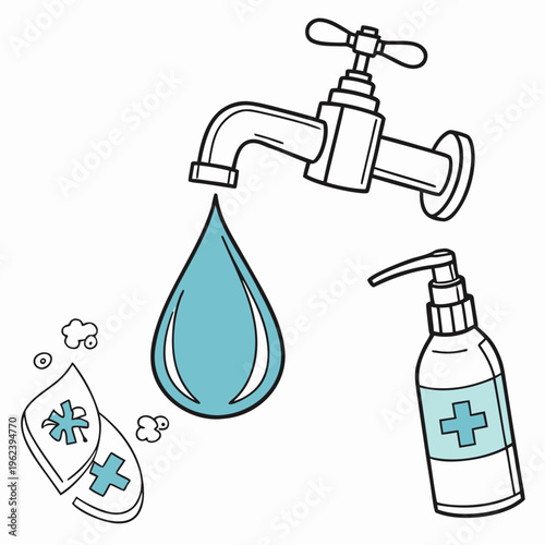 Vector illustration of hand sanitizer bottle, faucet with a drop of water and wet wipes