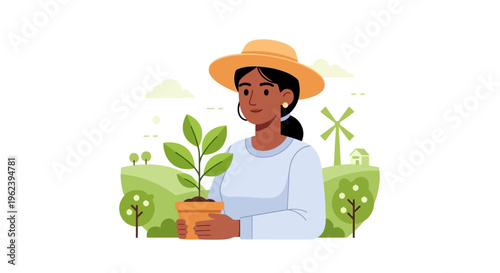 Sustainable Living: Woman Nurturing Plant in Eco-Friendly Landscape with Windmill Illustration