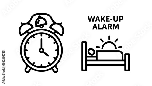 Wake-up alarm clock and sleeping person icons