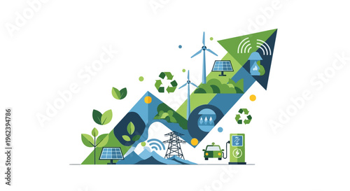 Sustainable Growth Arrow with Renewable Energy, Electric Vehicles, Recycling & Eco-Friendly Technology. Concept of Green Future & Environmental Progress.