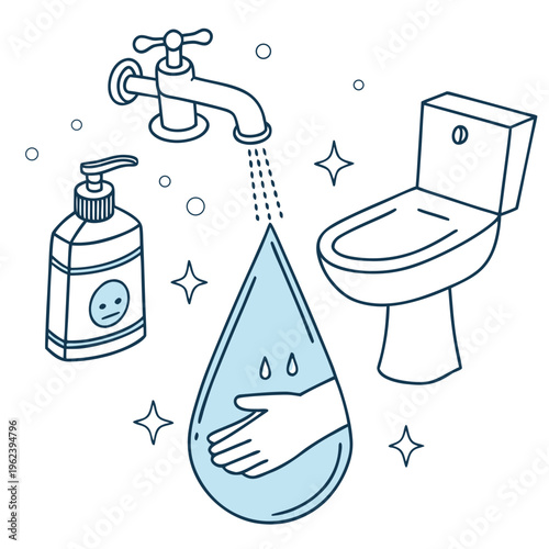 Vector illustration of hand washing under faucet with soap bottle and toilet, emphasizing hygiene practices