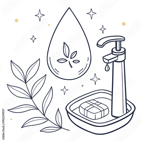 An illustration of a leafy soap dispenser and bar soap in a sink with a large waterdrop and stars