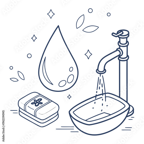 An illustration of a soap bar with water droplets and a faucet running into a sink with a large waterdrop and bubbles around it