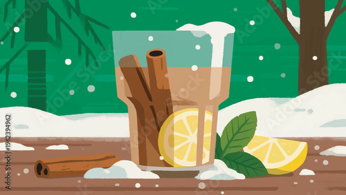 Illustration Of A Cup Containing A Warm Drink With Cinnamon, Small Snow, Lemon And Mint Leaves Vector Design Template