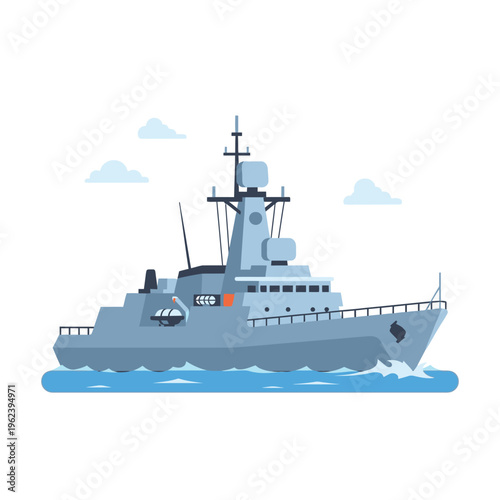 Modern Warship Sailing on Blue Water with Clouds in Background
