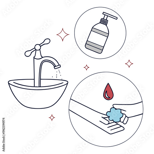 Vector illustration of hand hygiene icons including a faucet, hand sanitizer, and handwashing